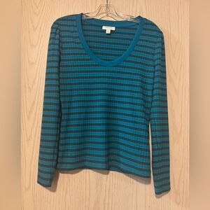 On 34th Metallic Stripe Scoop Neck Long Sleeve Shirt Blue and Gold Stripe size M